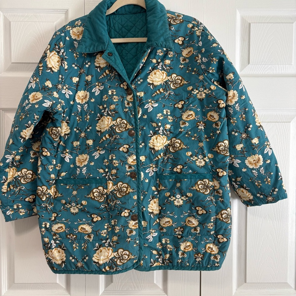 Teal Floral Reversible Collared Barn Jacket Quilted Jacket Size 1X Granny